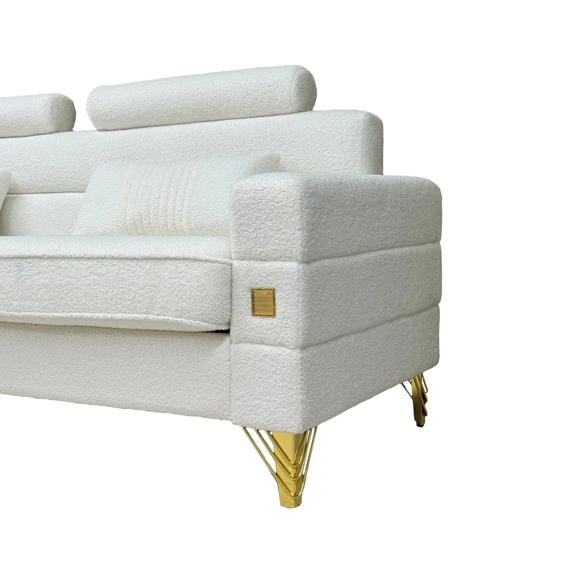 FX-P15-WB(sofa)  Elegant White Imitation wool circle fabric Sofa with Adjustable Headrests - Contemporary 3-Seat Couch with Gold Legs, Perfect for Living Room and Office Decor(TEMU Suitable)