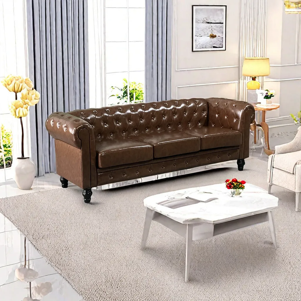 FX-P80P-PU2(SOFA) 3-seat Living Room Upholstered Sofa Modern Sofa Couches Set Style Button Tufted, PU Chesterfield Sofa for Living Room Apartment