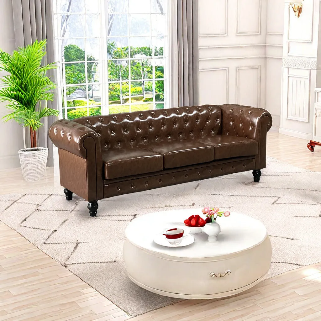 FX-P80P-PU2(SOFA) 3-seat Living Room Upholstered Sofa Modern Sofa Couches Set Style Button Tufted, PU Chesterfield Sofa for Living Room Apartment