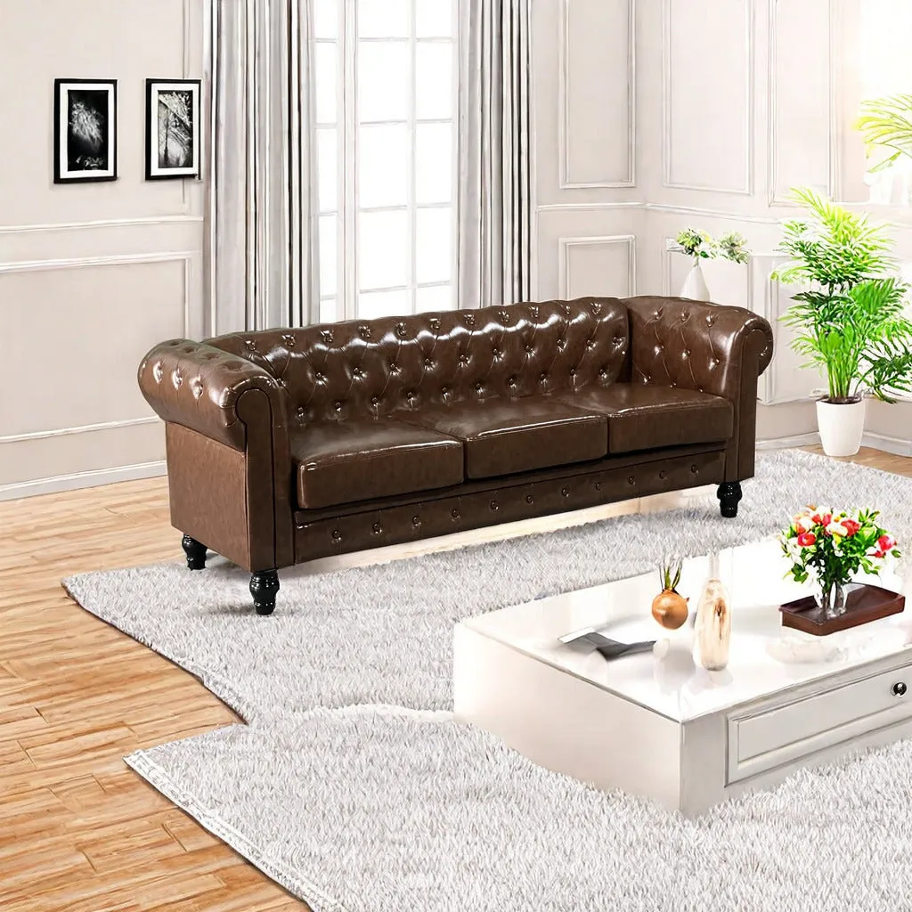 FX-P80P-PU2(SOFA) 3-seat Living Room Upholstered Sofa Modern Sofa Couches Set Style Button Tufted, PU Chesterfield Sofa for Living Room Apartment