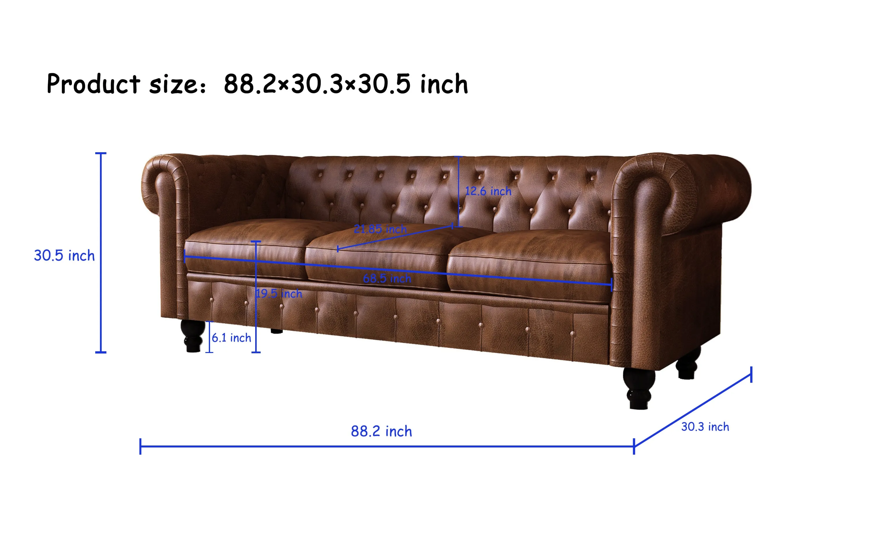 FX-P80P-PU2(SOFA) 3-seat Living Room Upholstered Sofa Modern Sofa Couches Set Style Button Tufted, PU Chesterfield Sofa for Living Room Apartment