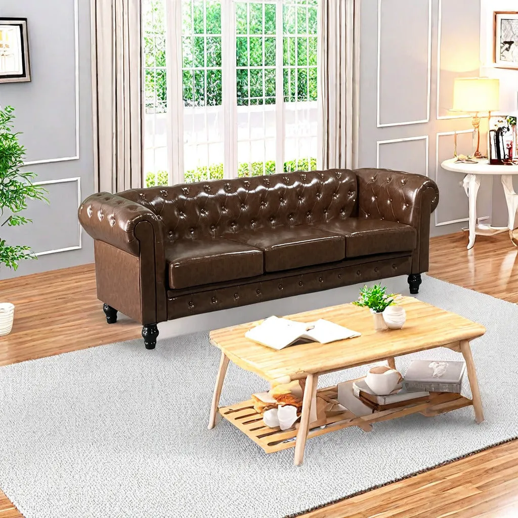 FX-P80P-PU2(SOFA) 3-seat Living Room Upholstered Sofa Modern Sofa Couches Set Style Button Tufted, PU Chesterfield Sofa for Living Room Apartment