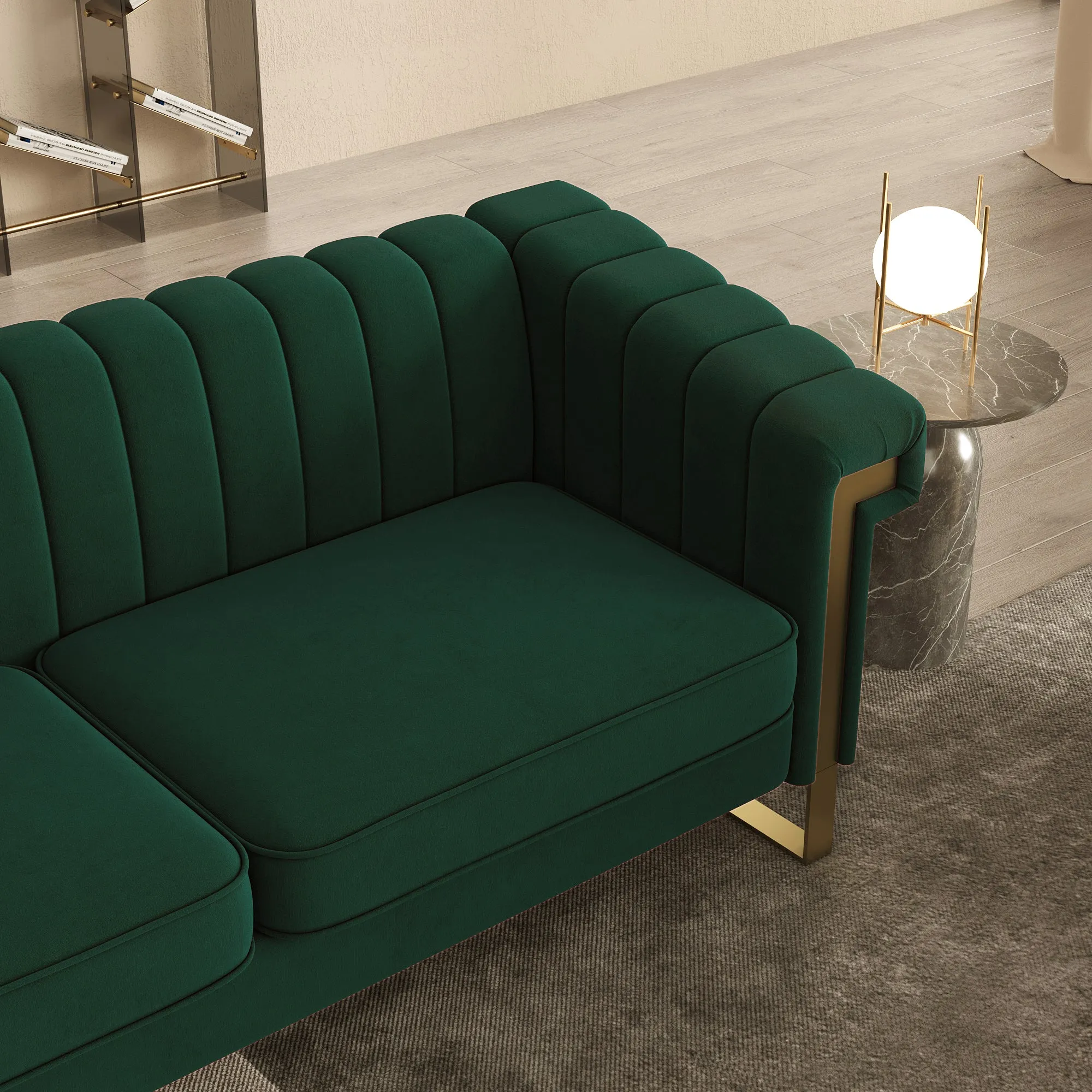 FX-P81-RG2  RETRO GREEN SOFA Modern Cream Velvet Sofa with Gold Accents - Sleek Channel-Tufted Upholstery, 3-Seat Couch for Living Room and Office Decor