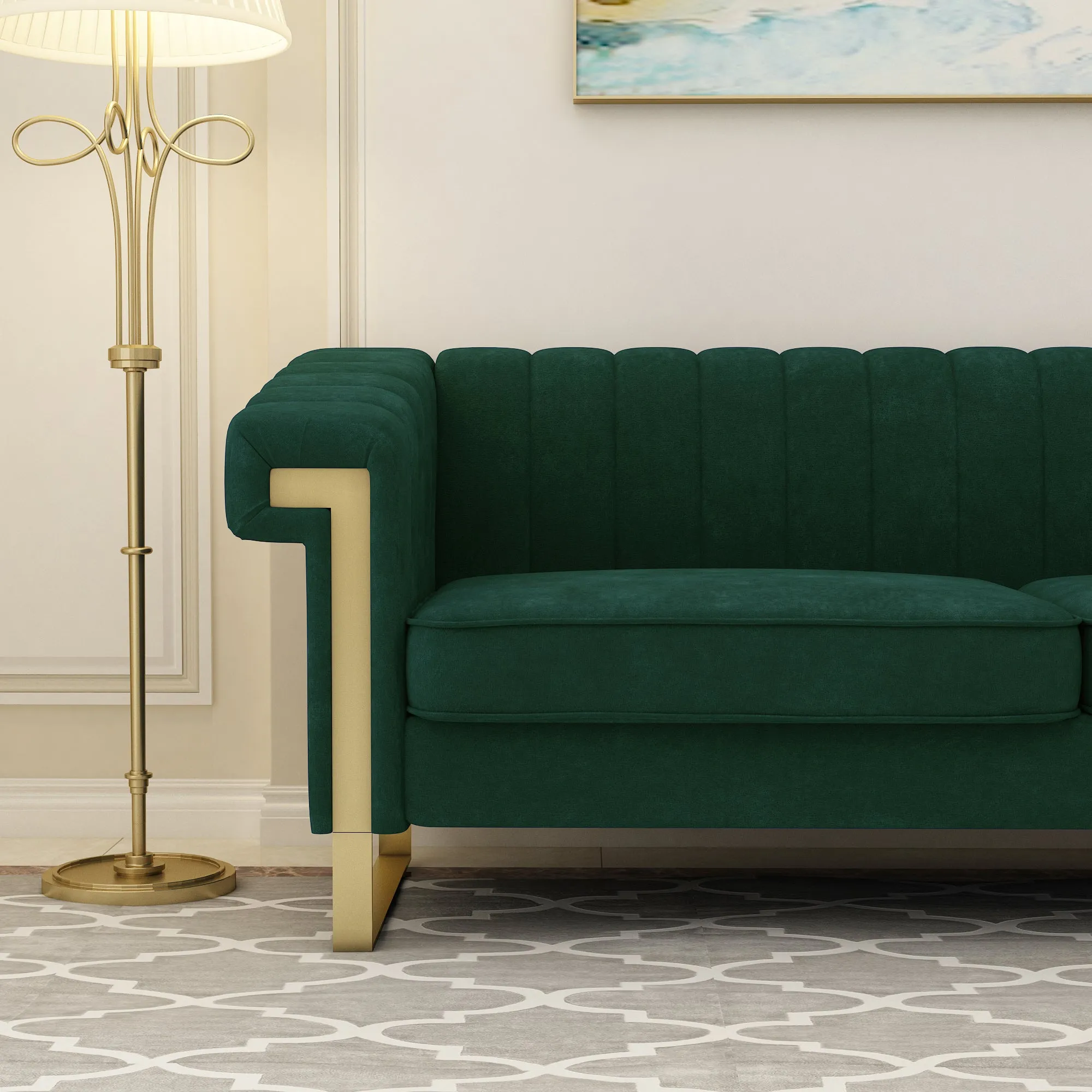 FX-P81-RG2  RETRO GREEN SOFA Modern Cream Velvet Sofa with Gold Accents - Sleek Channel-Tufted Upholstery, 3-Seat Couch for Living Room and Office Decor