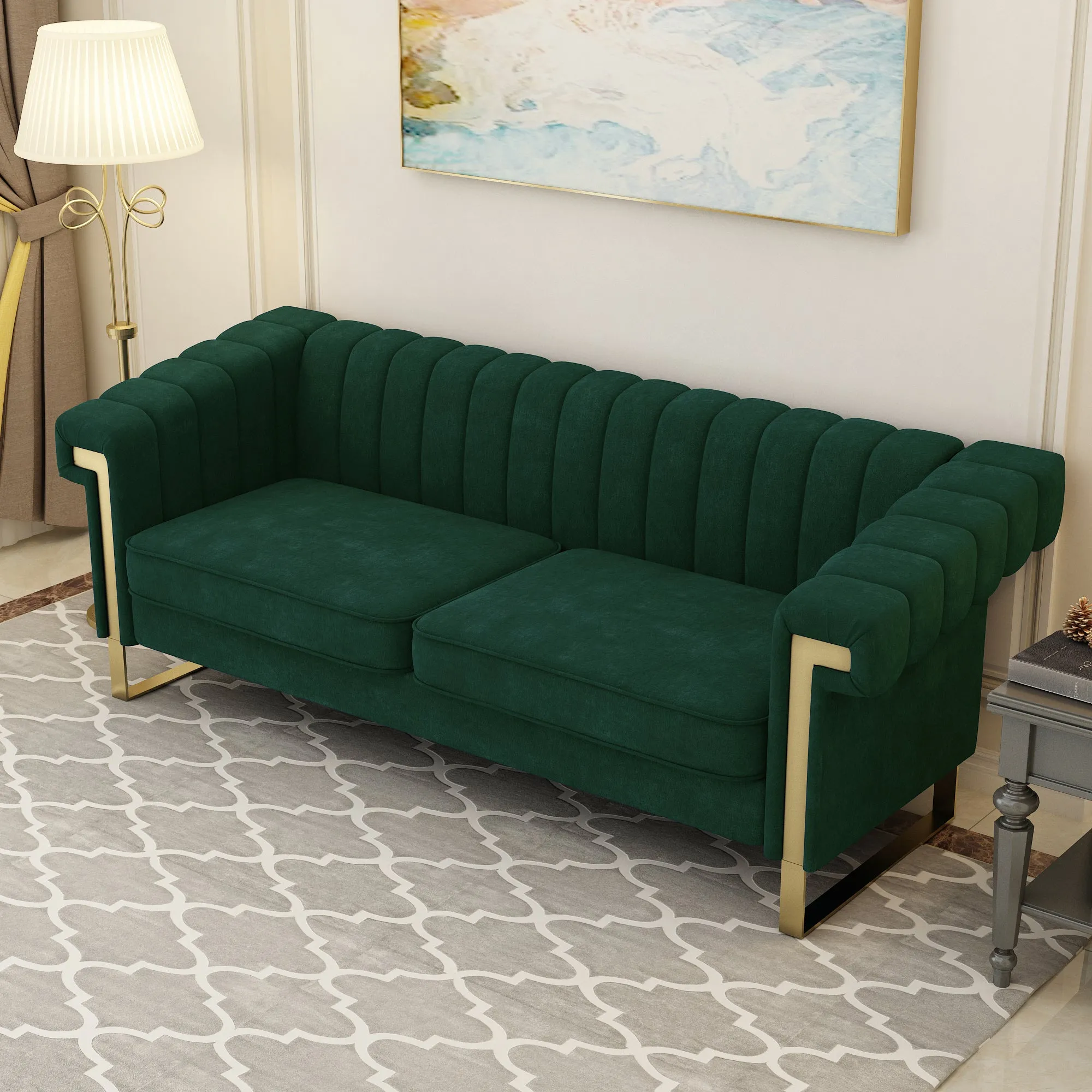 FX-P81-RG2  RETRO GREEN SOFA Modern Cream Velvet Sofa with Gold Accents - Sleek Channel-Tufted Upholstery, 3-Seat Couch for Living Room and Office Decor