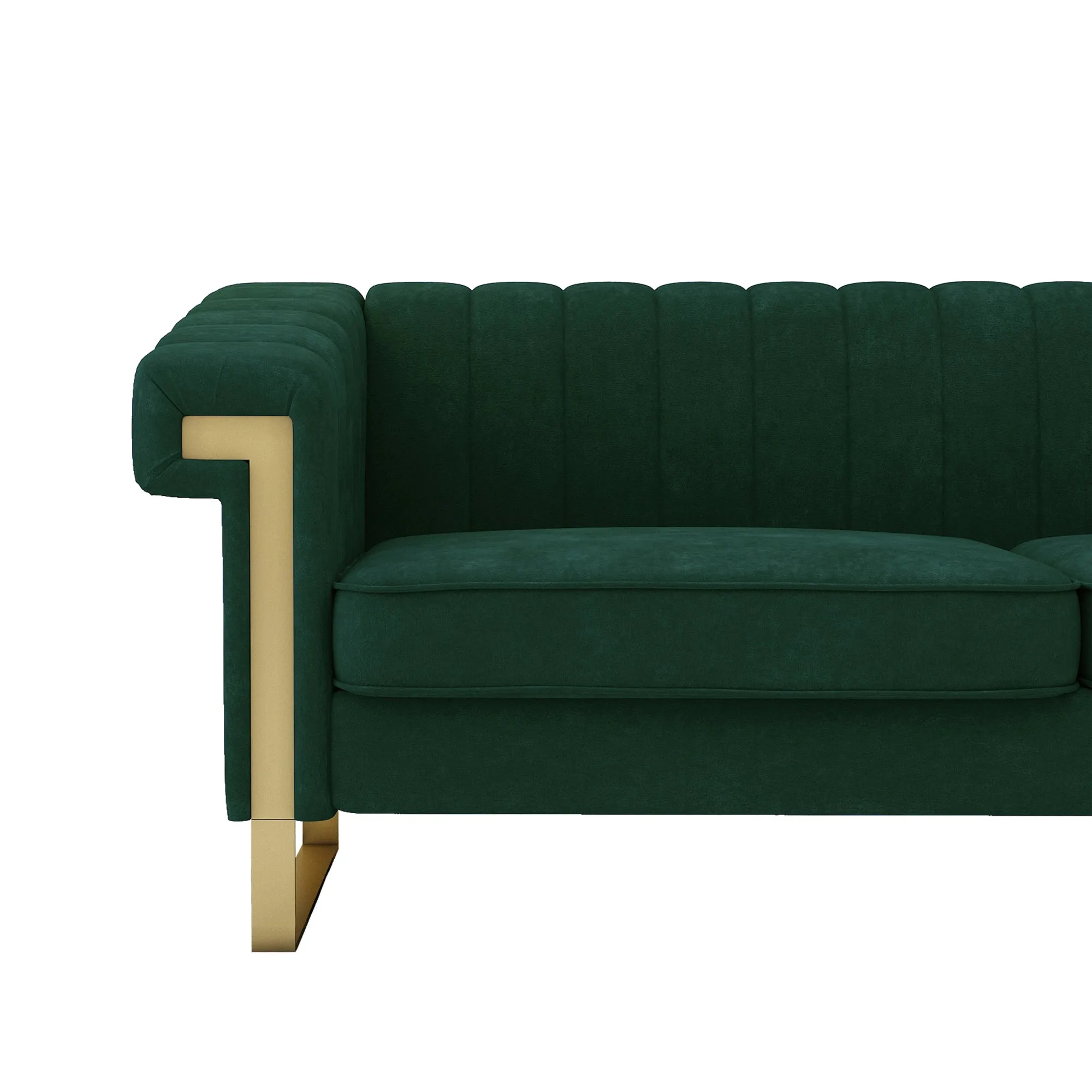 FX-P81-RG2  RETRO GREEN SOFA Modern Cream Velvet Sofa with Gold Accents - Sleek Channel-Tufted Upholstery, 3-Seat Couch for Living Room and Office Decor