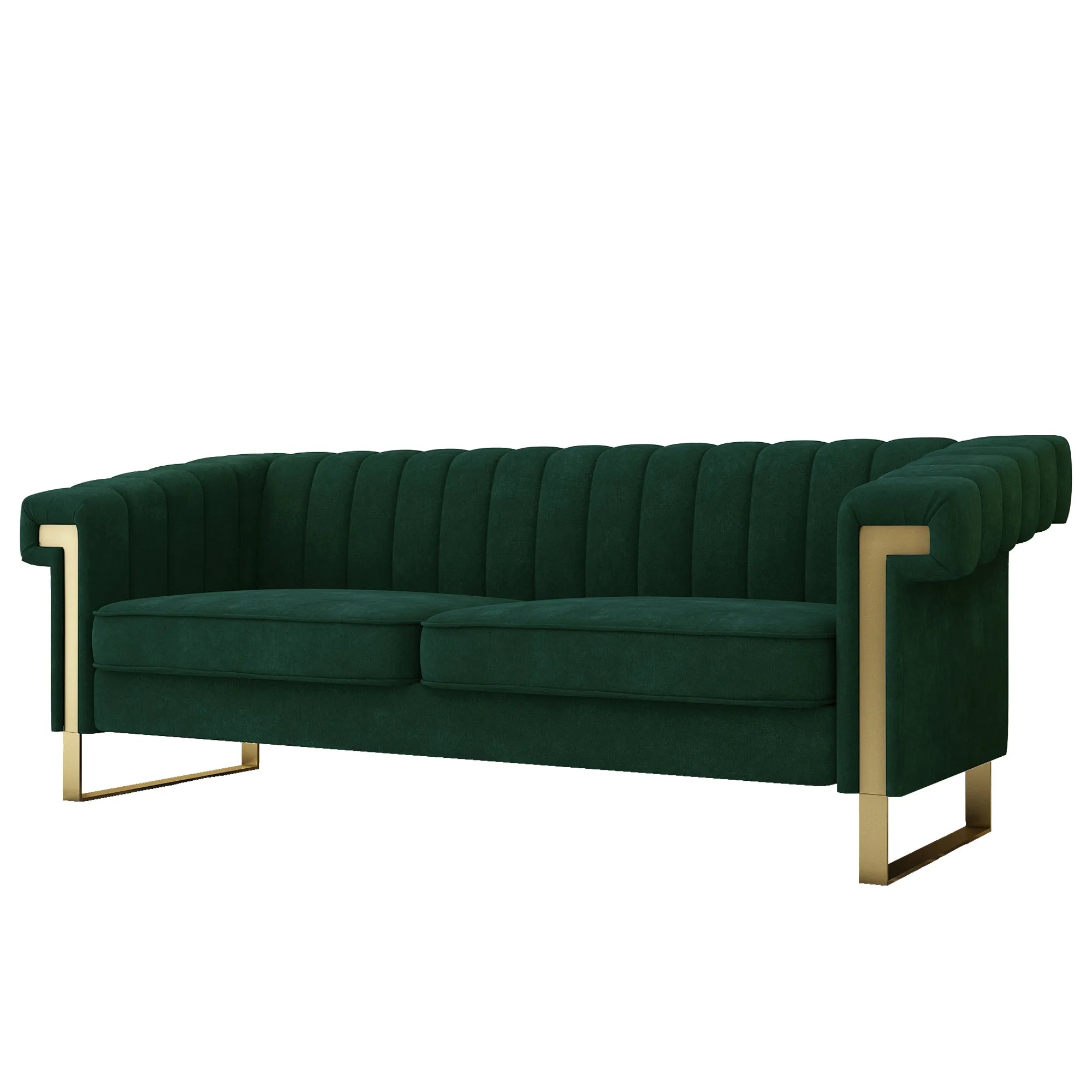 FX-P81-RG2  RETRO GREEN SOFA Modern Cream Velvet Sofa with Gold Accents - Sleek Channel-Tufted Upholstery, 3-Seat Couch for Living Room and Office Decor