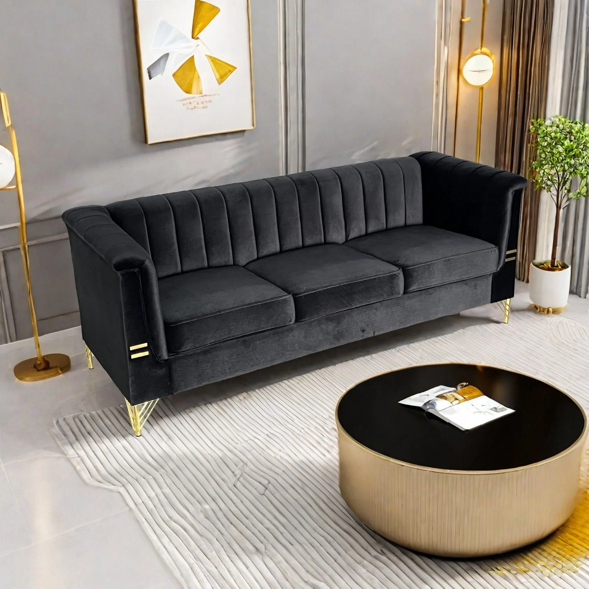 FX-P82-BK(SOFA)-Modern Sofa Couches for Living Room, 82.67Inches Velvet Velvet Tight Back Chesterfield design Couch Upholstered Sofa with Metal Legs Decor Furniture for Bedroom