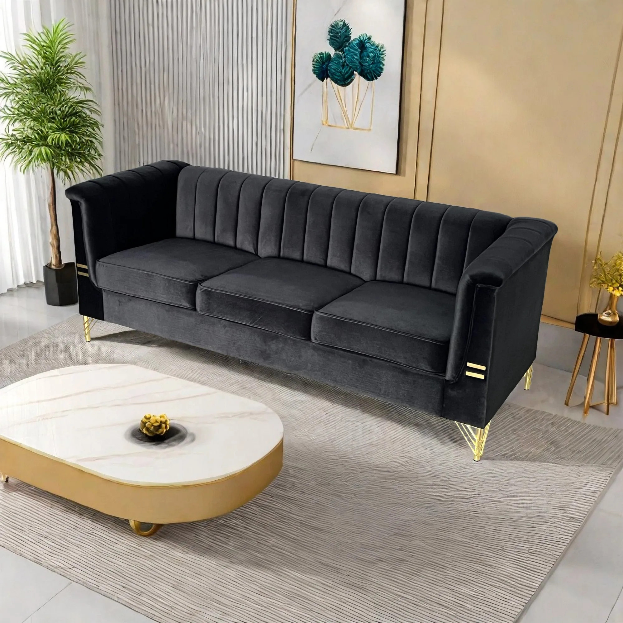 FX-P82-BK(SOFA)-Modern Sofa Couches for Living Room, 82.67Inches Velvet Velvet Tight Back Chesterfield design Couch Upholstered Sofa with Metal Legs Decor Furniture for Bedroom