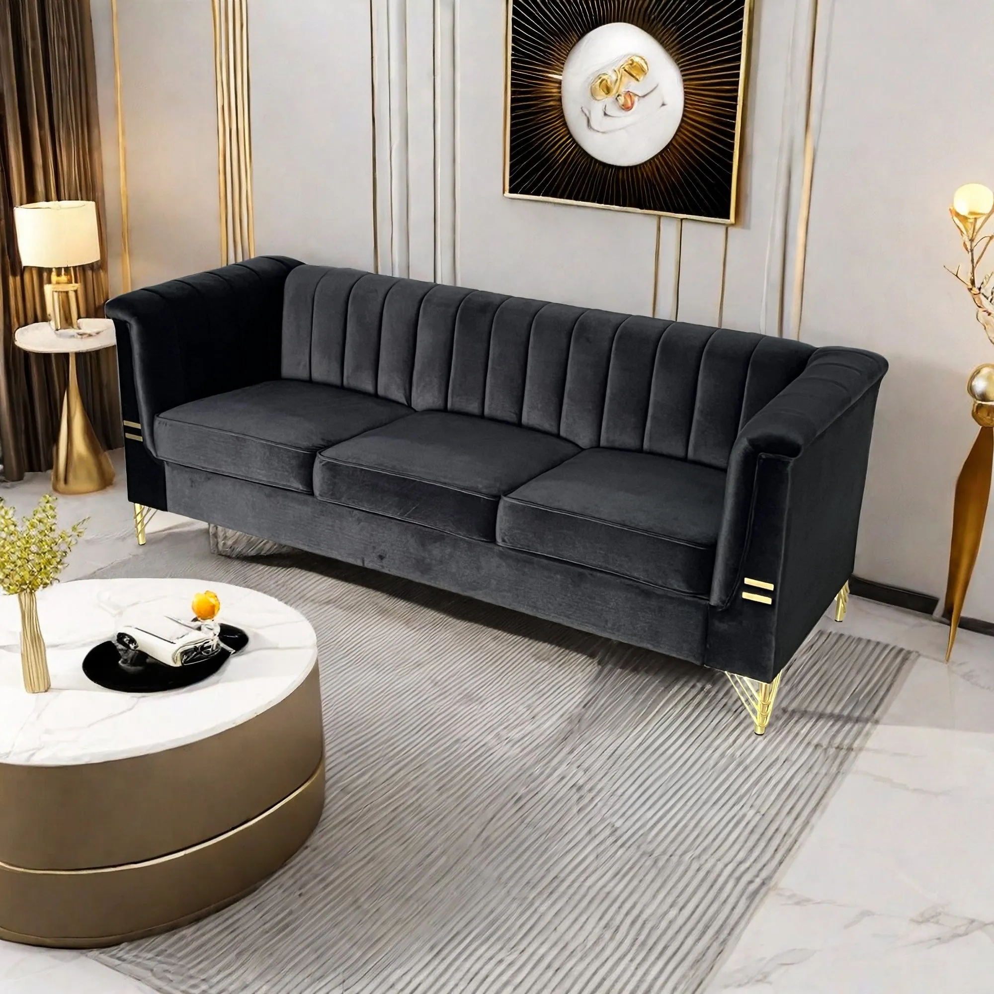 FX-P82-BK(SOFA)-Modern Sofa Couches for Living Room, 82.67Inches Velvet Velvet Tight Back Chesterfield design Couch Upholstered Sofa with Metal Legs Decor Furniture for Bedroom