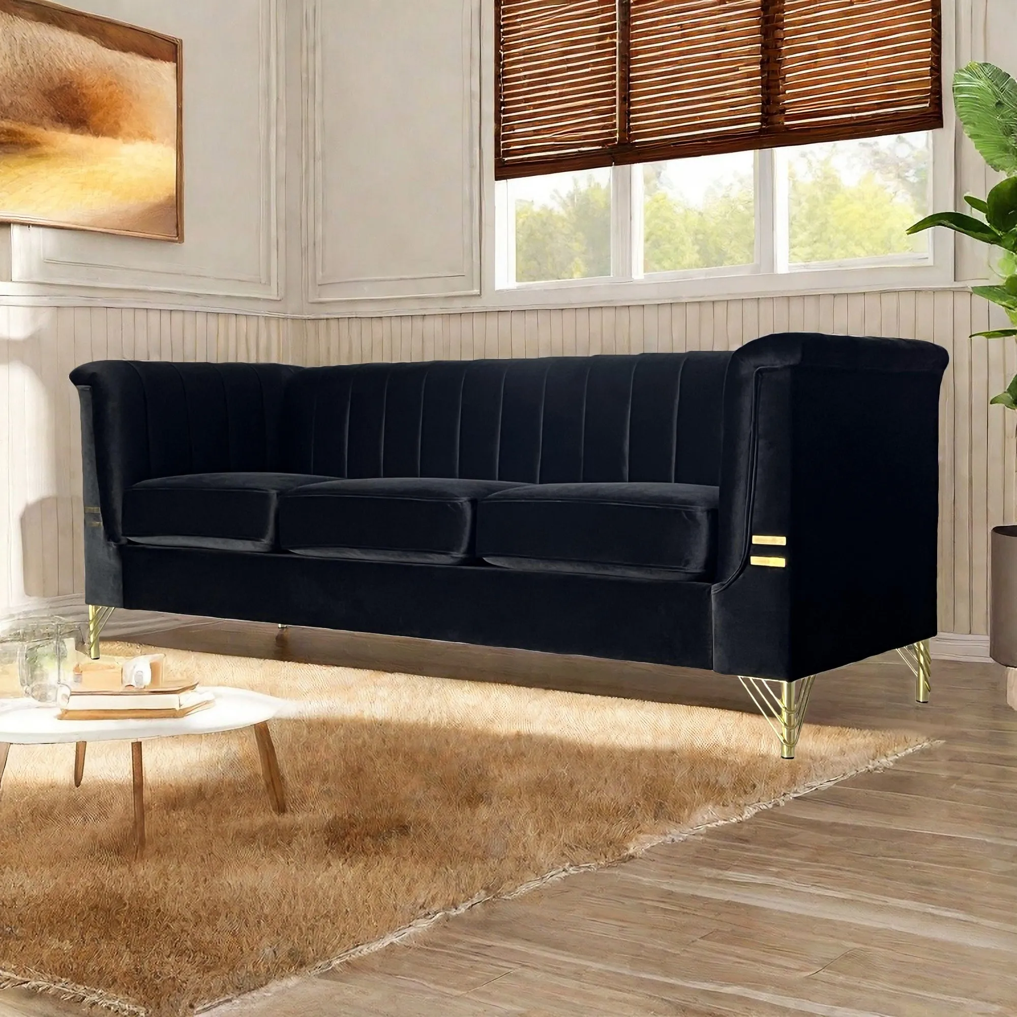 FX-P82-BK(SOFA)-Modern Sofa Couches for Living Room, 82.67Inches Velvet Velvet Tight Back Chesterfield design Couch Upholstered Sofa with Metal Legs Decor Furniture for Bedroom