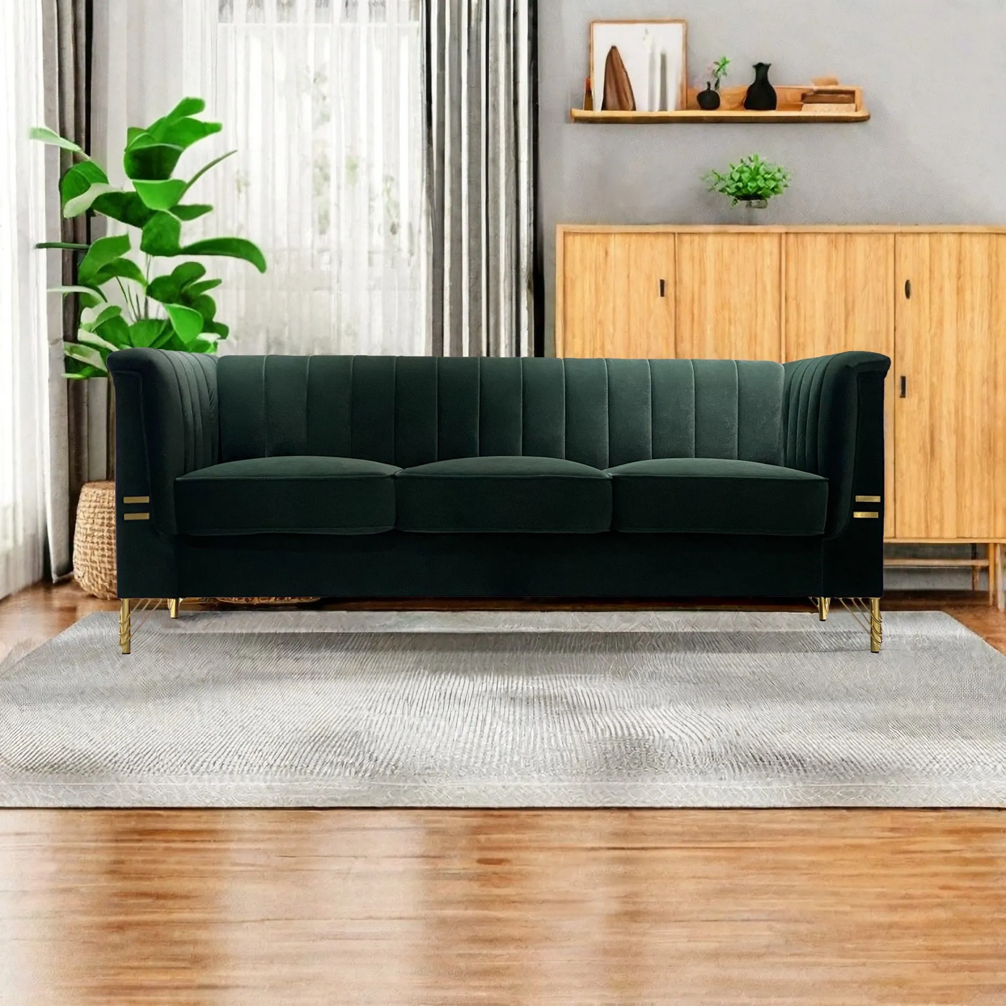 FX-P82-GR(sofa)-82.67'' W Velvet Sofa, Mid-Century Sofa Furniture Chesterfield Couch for Living Room (Sofa, Green)