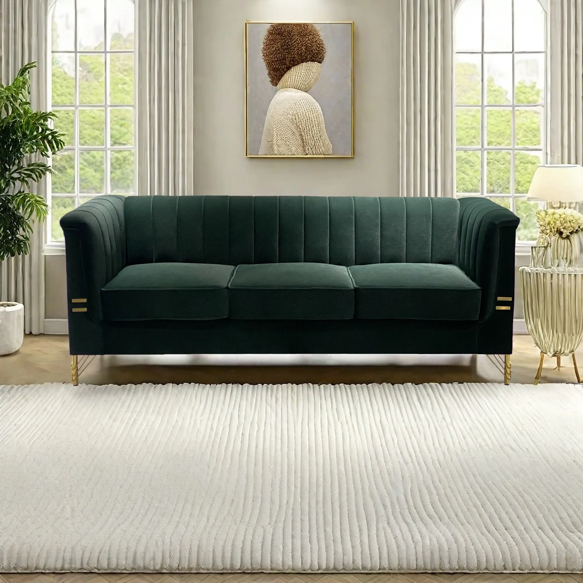 FX-P82-GR(sofa)-82.67'' W Velvet Sofa, Mid-Century Sofa Furniture Chesterfield Couch for Living Room (Sofa, Green)