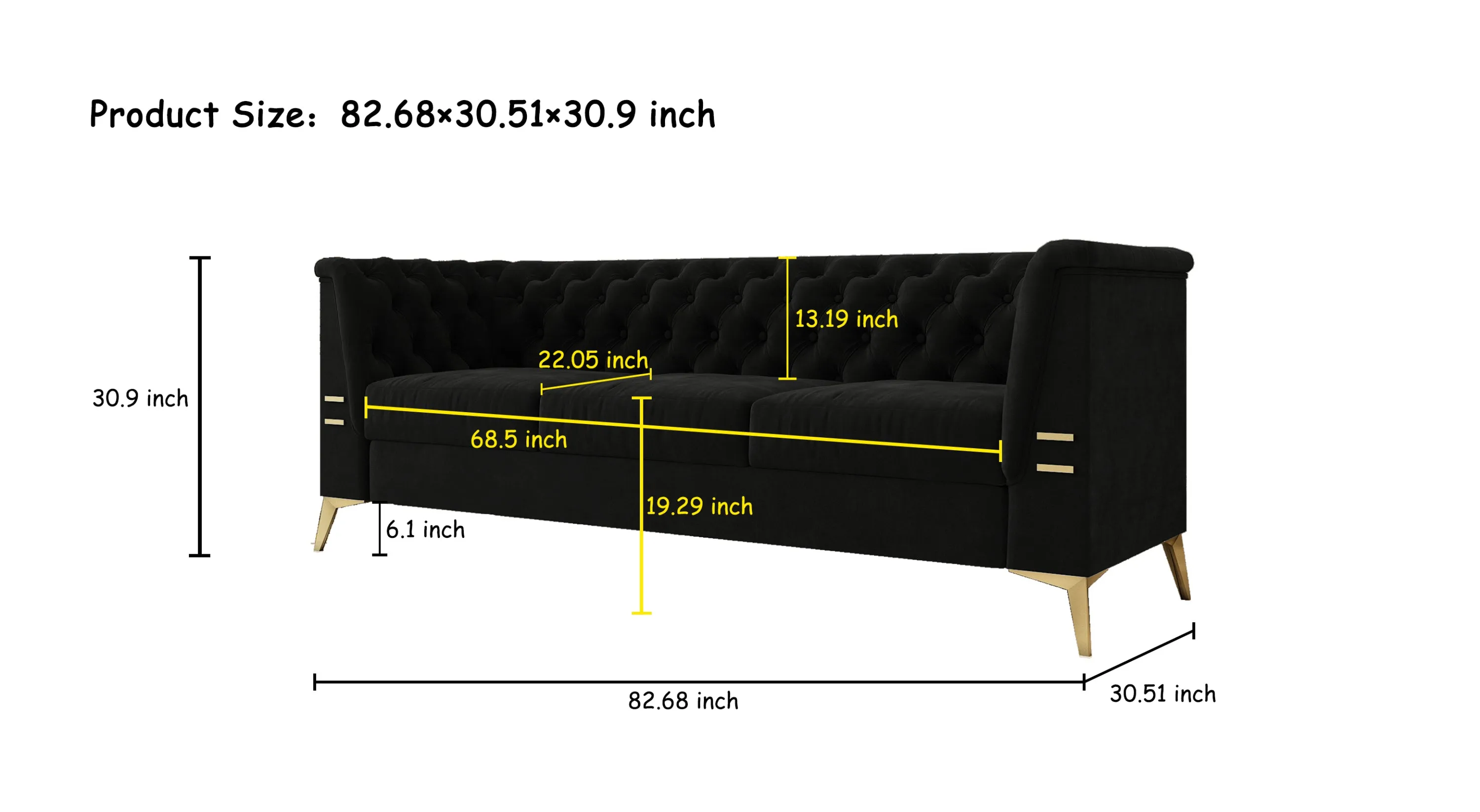 FX-P83-BK2(SOFA) Luxurious Black Velvet Sofa with Gold Legs - Modern Chesterfield Design, Tufted Upholstery, 3-Seat Couch for Living Room and Office