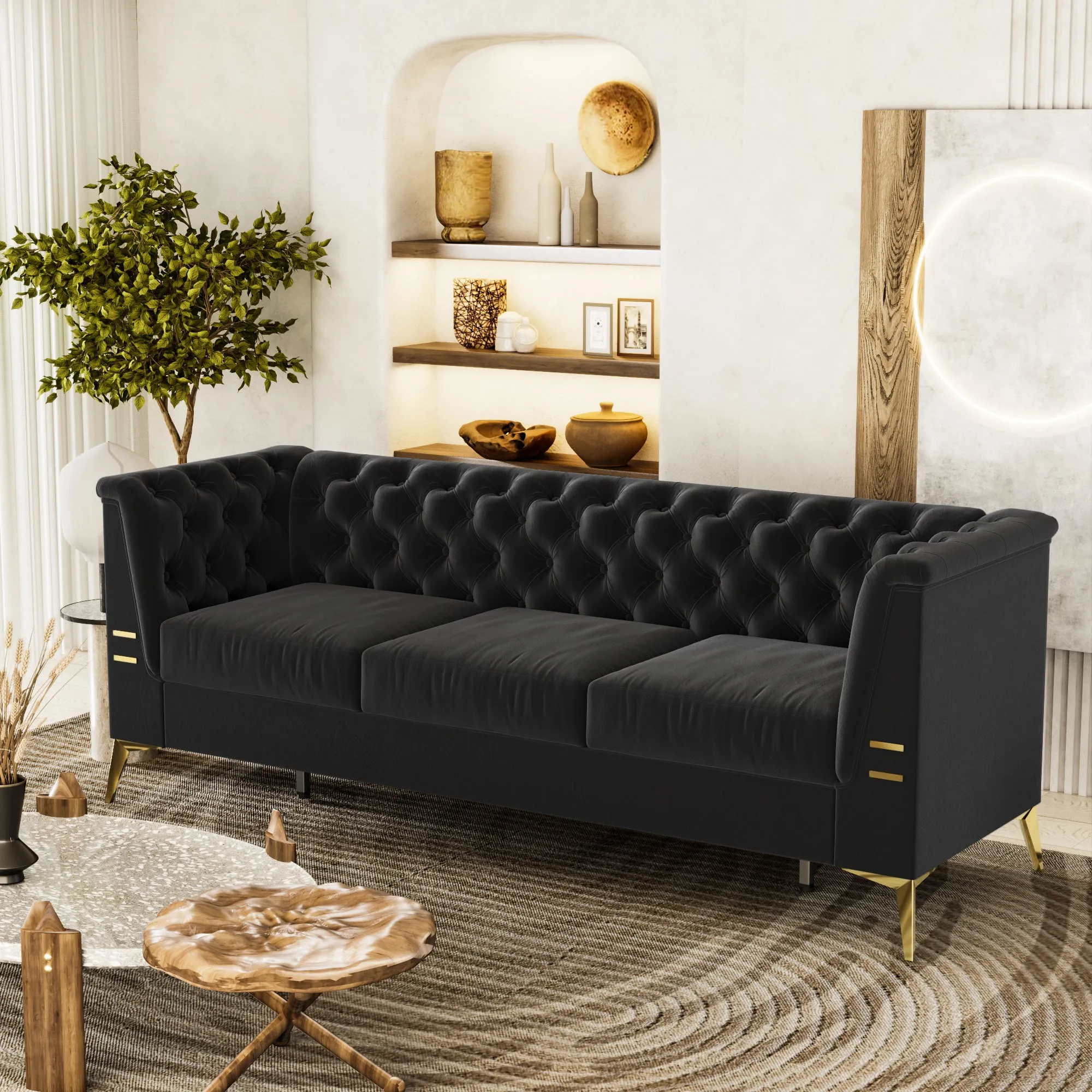 FX-P83-BK2(SOFA) Luxurious Black Velvet Sofa with Gold Legs - Modern Chesterfield Design, Tufted Upholstery, 3-Seat Couch for Living Room and Office