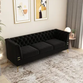 FX-P83-BK2(SOFA) Luxurious Black Velvet Sofa with Gold Legs - Modern Chesterfield Design, Tufted Upholstery, 3-Seat Couch for Living Room and Office