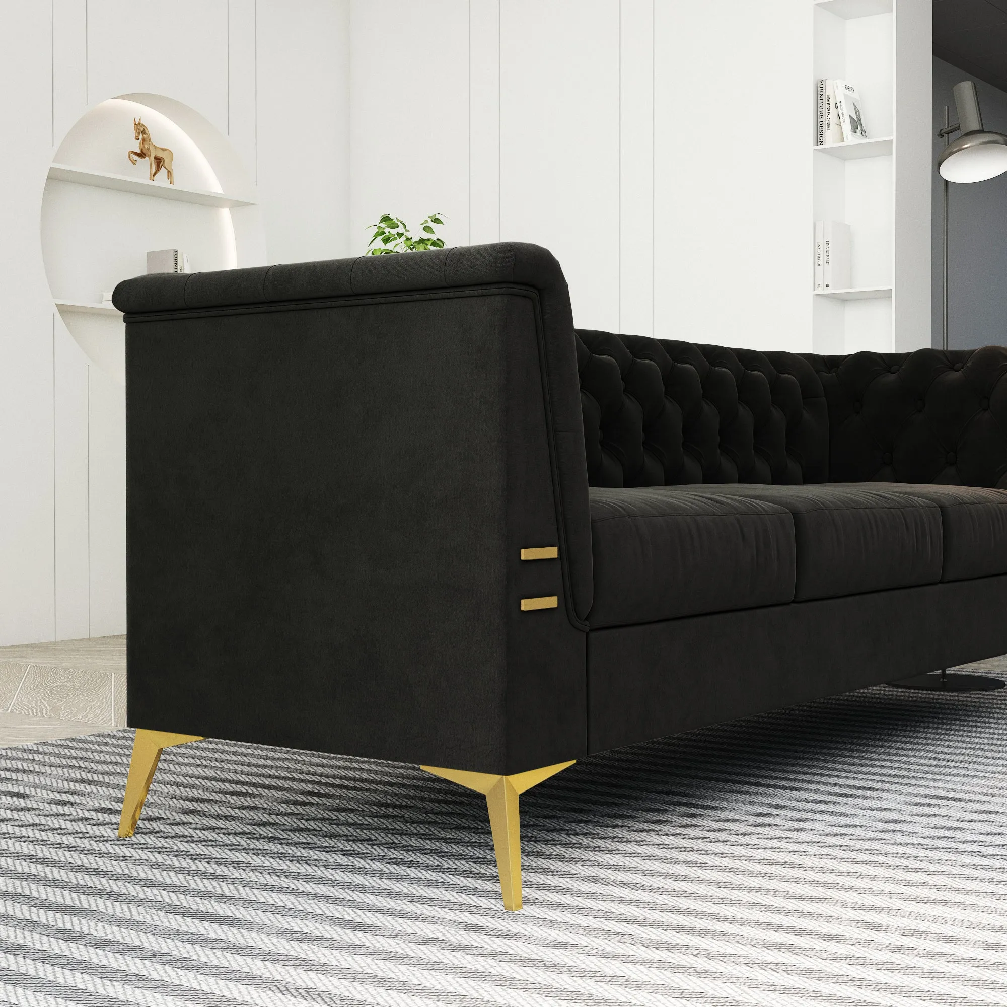 FX-P83-BK2(SOFA) Luxurious Black Velvet Sofa with Gold Legs - Modern Chesterfield Design, Tufted Upholstery, 3-Seat Couch for Living Room and Office