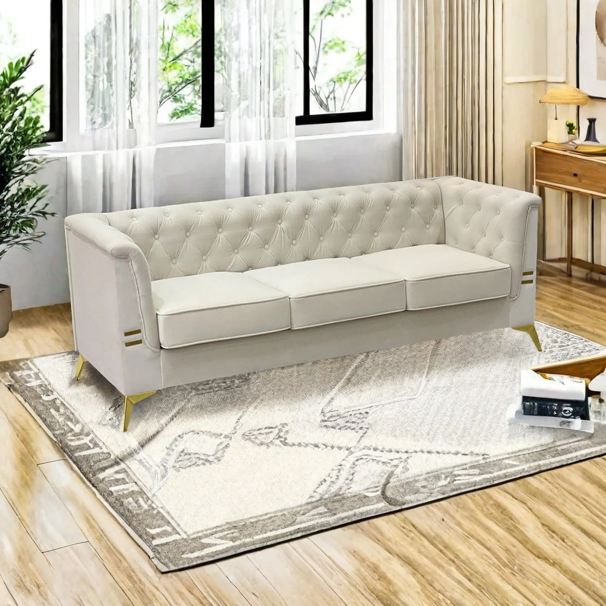 FX-P83-CW (sofa) -Modern Velvet Living Room Chesterfield design 82.7inch Wide Sofa cream white color