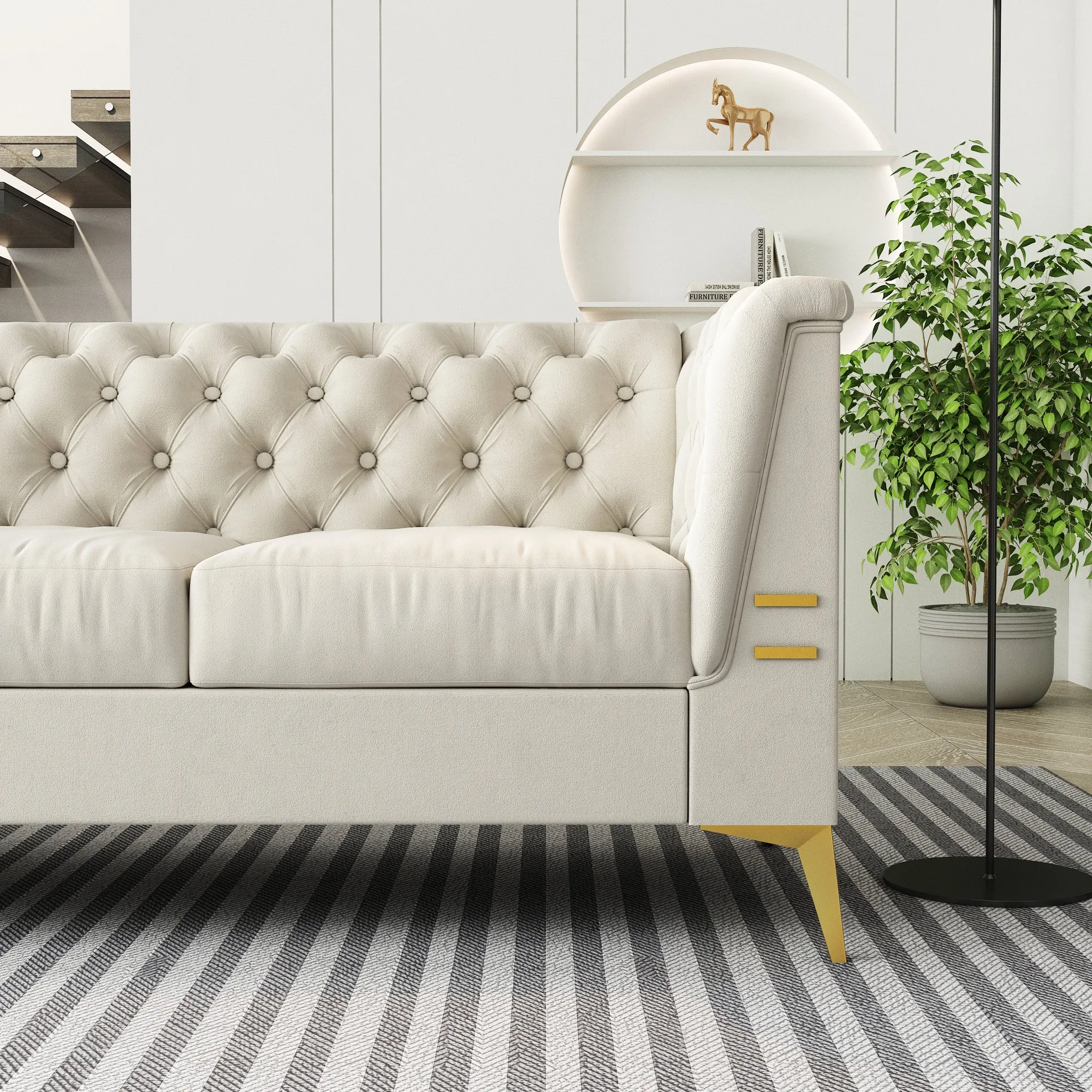 FX-P83-CW (sofa) -Modern Velvet Living Room Chesterfield design 82.7inch Wide Sofa cream white color