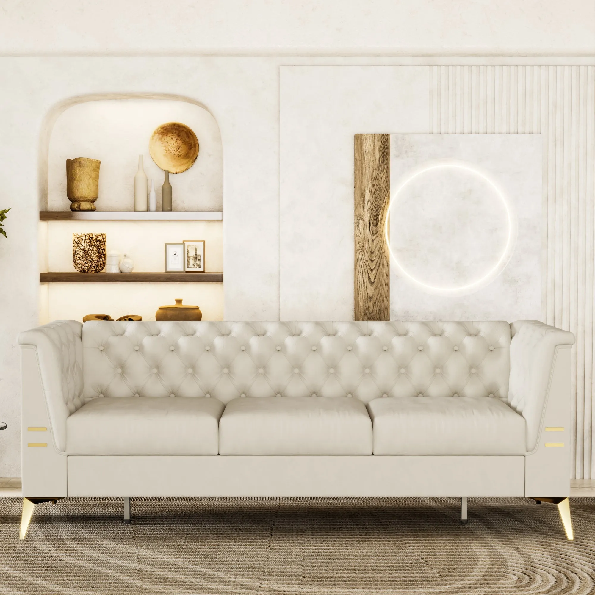 FX-P83-CW (sofa) -Modern Velvet Living Room Chesterfield design 82.7inch Wide Sofa cream white color