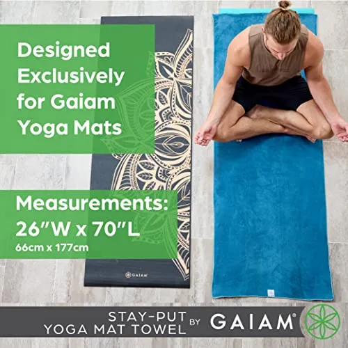 Gaiam Stay Put Yoga Towel Mat Size Yoga Mat Towel (Fits Over Standard Size Yoga Mat - 68"L x 24"W), Purple