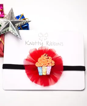 Glitter Cupcake on Pom Pom Headband - Red