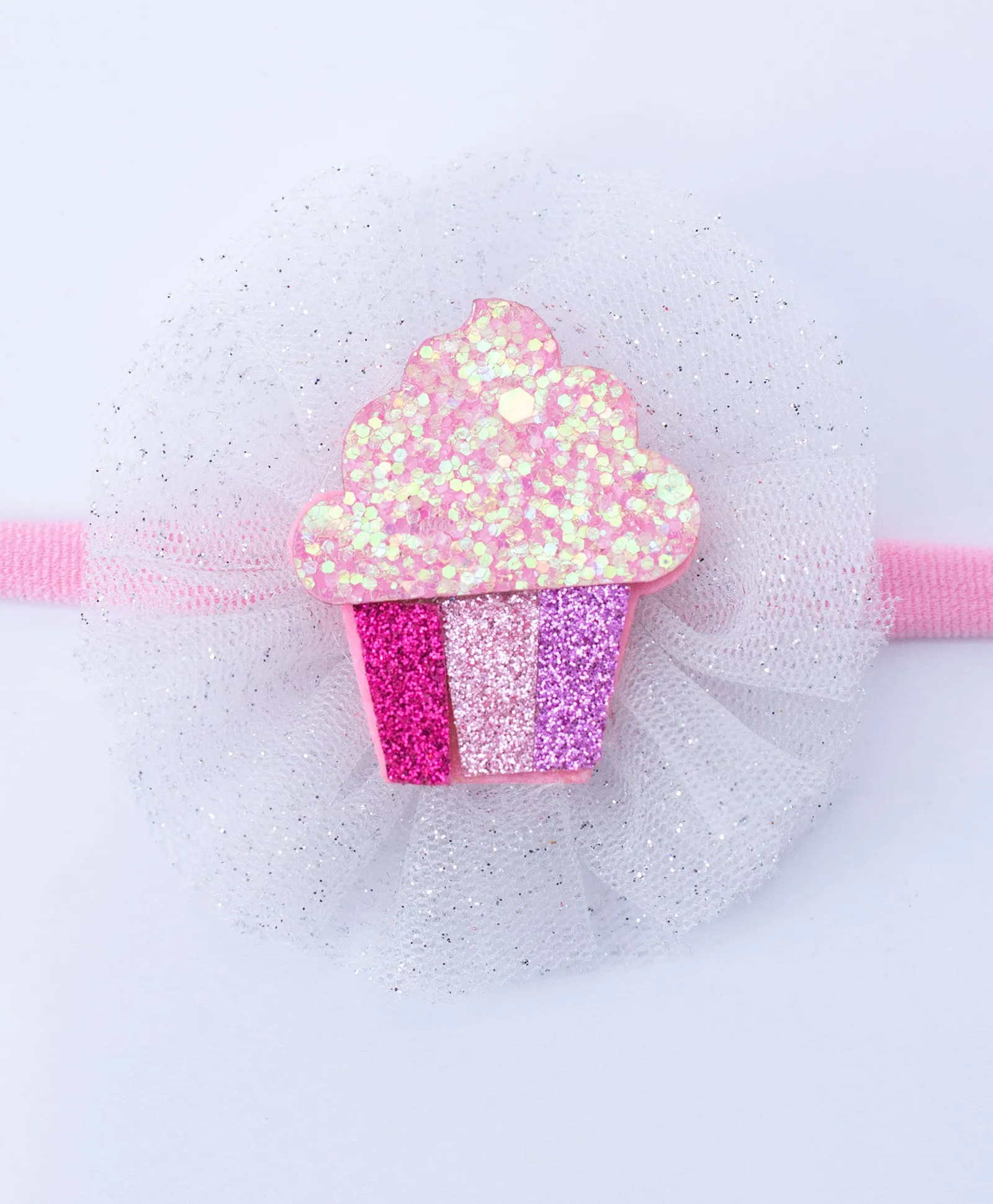 Glitter Cupcake on Pom Pom Headband - White