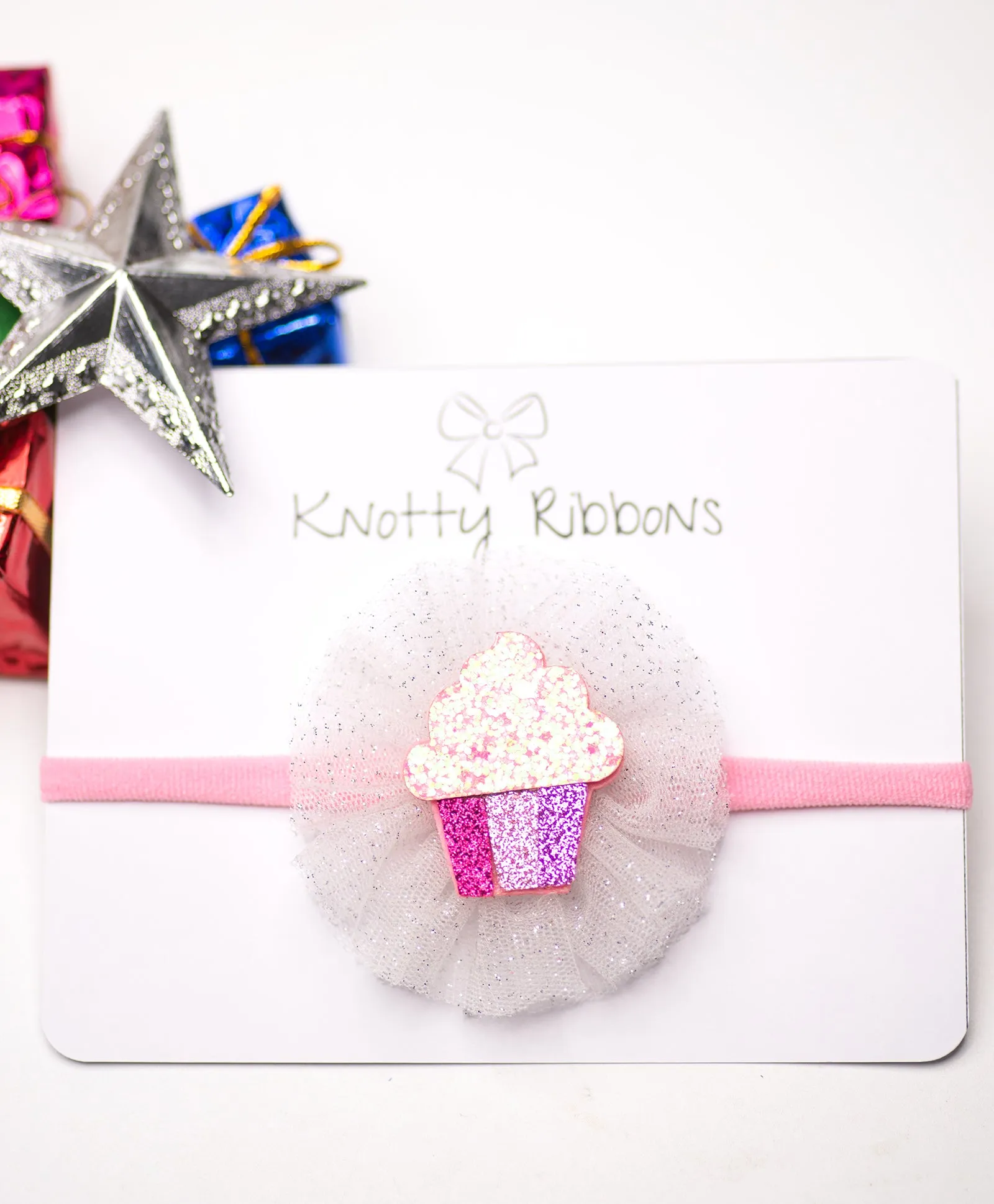 Glitter Cupcake on Pom Pom Headband - White