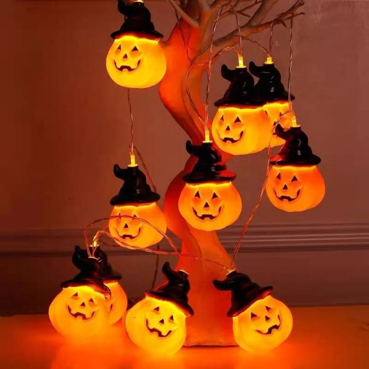 Halloween LED String Lights Pumpkin, Ghost, Eyeball, Cat, Skull, and Spider LED Decorations for Indoor & Outdoor Halloween Decor (Black Hat Pumpkin)