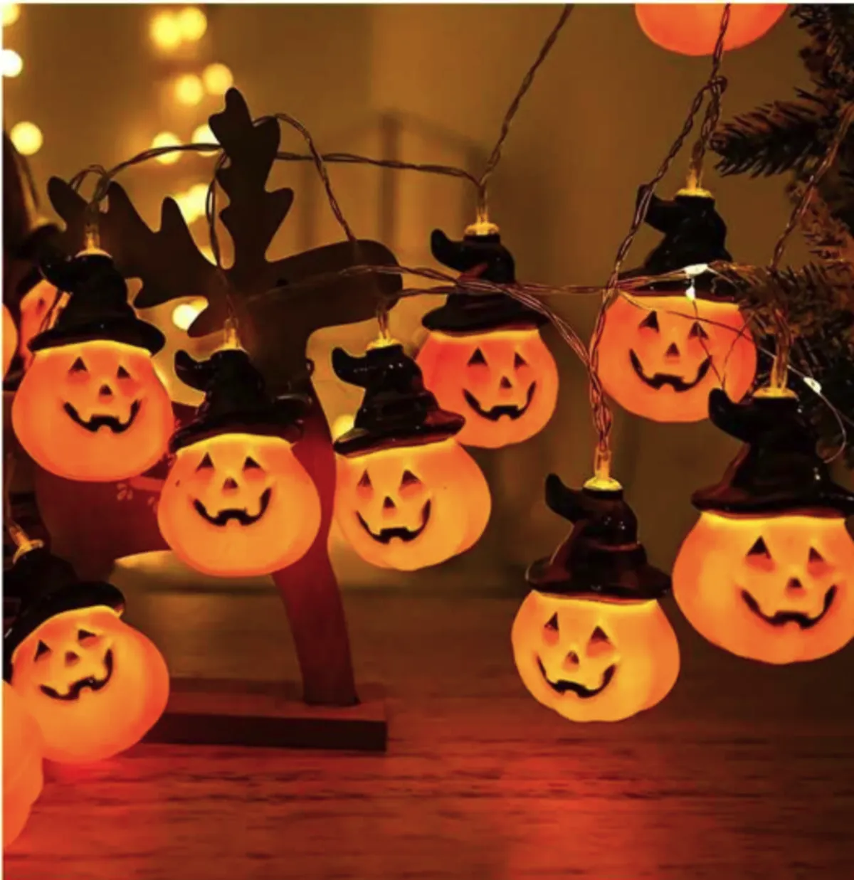 Halloween LED String Lights Pumpkin, Ghost, Eyeball, Cat, Skull, and Spider LED Decorations for Indoor & Outdoor Halloween Decor (Black Hat Pumpkin)