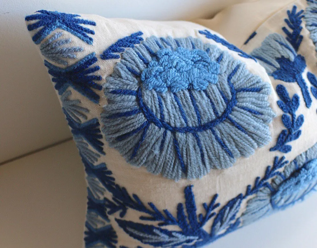 Hand Embroidered wool pillow cover / Schumacher Marguerite pillow cover / Blue and White Pillow cover / Swedish Decor