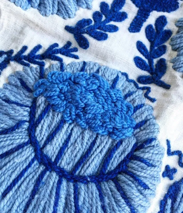 Hand Embroidered wool pillow cover / Schumacher Marguerite pillow cover / Blue and White Pillow cover / Swedish Decor