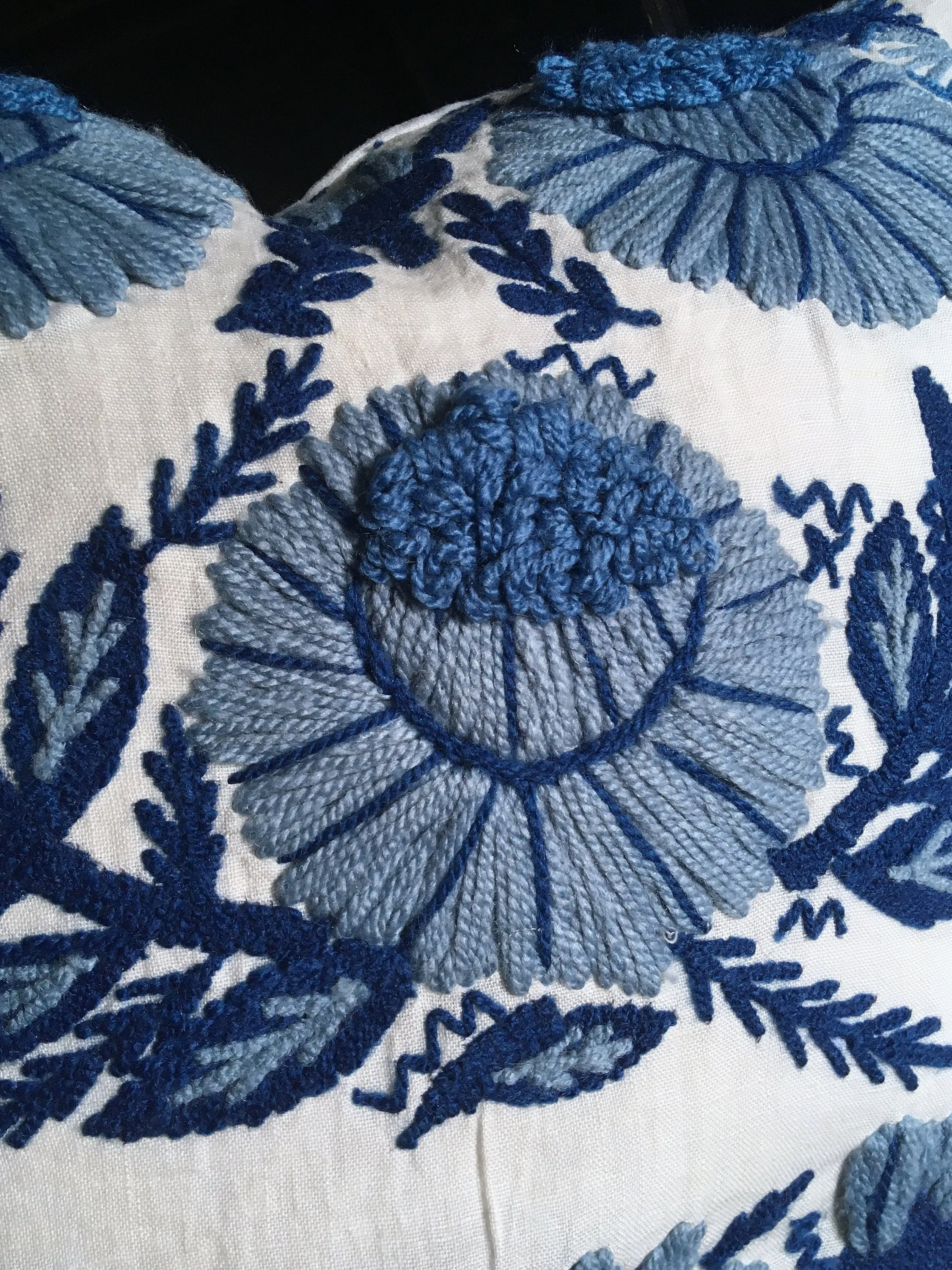 Hand Embroidered wool pillow cover / Schumacher Marguerite pillow cover / Blue and White Pillow cover / Swedish Decor