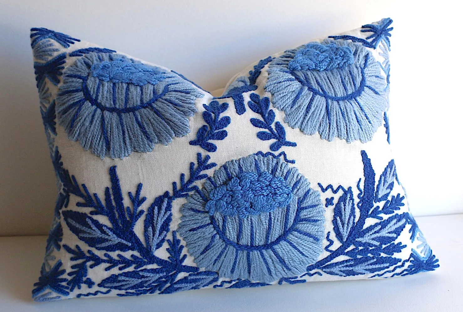 Hand Embroidered wool pillow cover / Schumacher Marguerite pillow cover / Blue and White Pillow cover / Swedish Decor