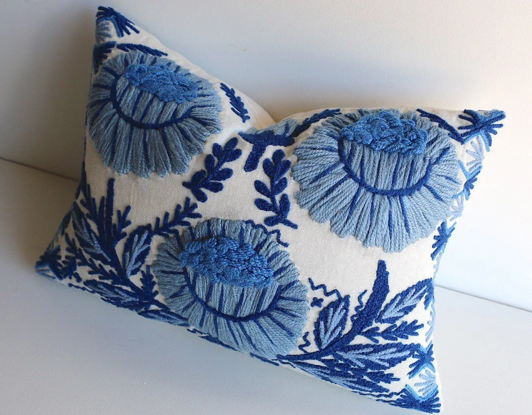 Hand Embroidered wool pillow cover / Schumacher Marguerite pillow cover / Blue and White Pillow cover / Swedish Decor