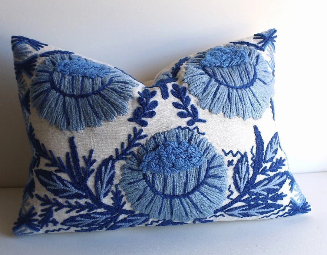 Hand Embroidered wool pillow cover / Schumacher Marguerite pillow cover / Blue and White Pillow cover / Swedish Decor