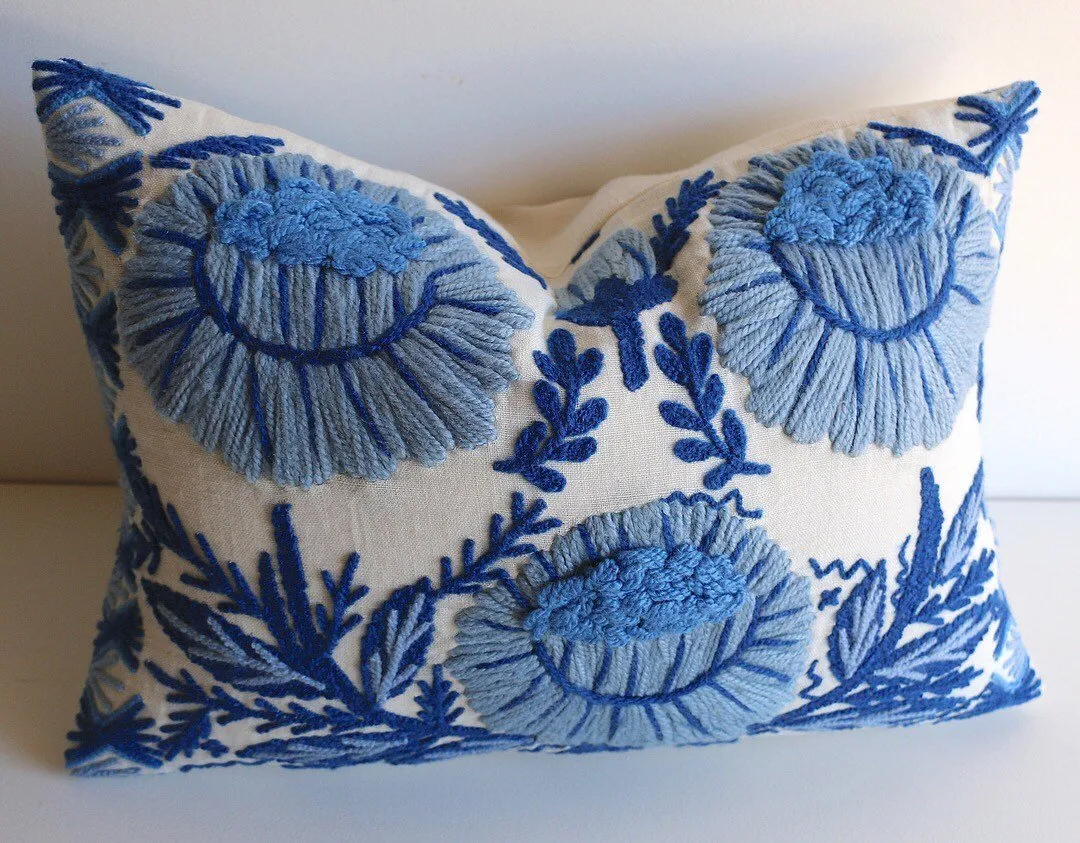 Hand Embroidered wool pillow cover / Schumacher Marguerite pillow cover / Blue and White Pillow cover / Swedish Decor