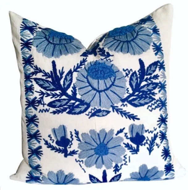 Hand Embroidered wool pillow cover / Schumacher Marguerite pillow cover / Blue and White Pillow cover / Swedish Decor