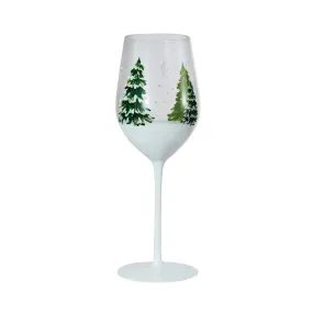 HAND PAINTED TREES AND SNOW STEMMED WINE GLASS