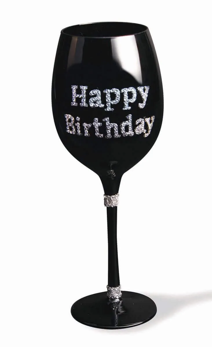 Happy Birthday Black Wine Glass