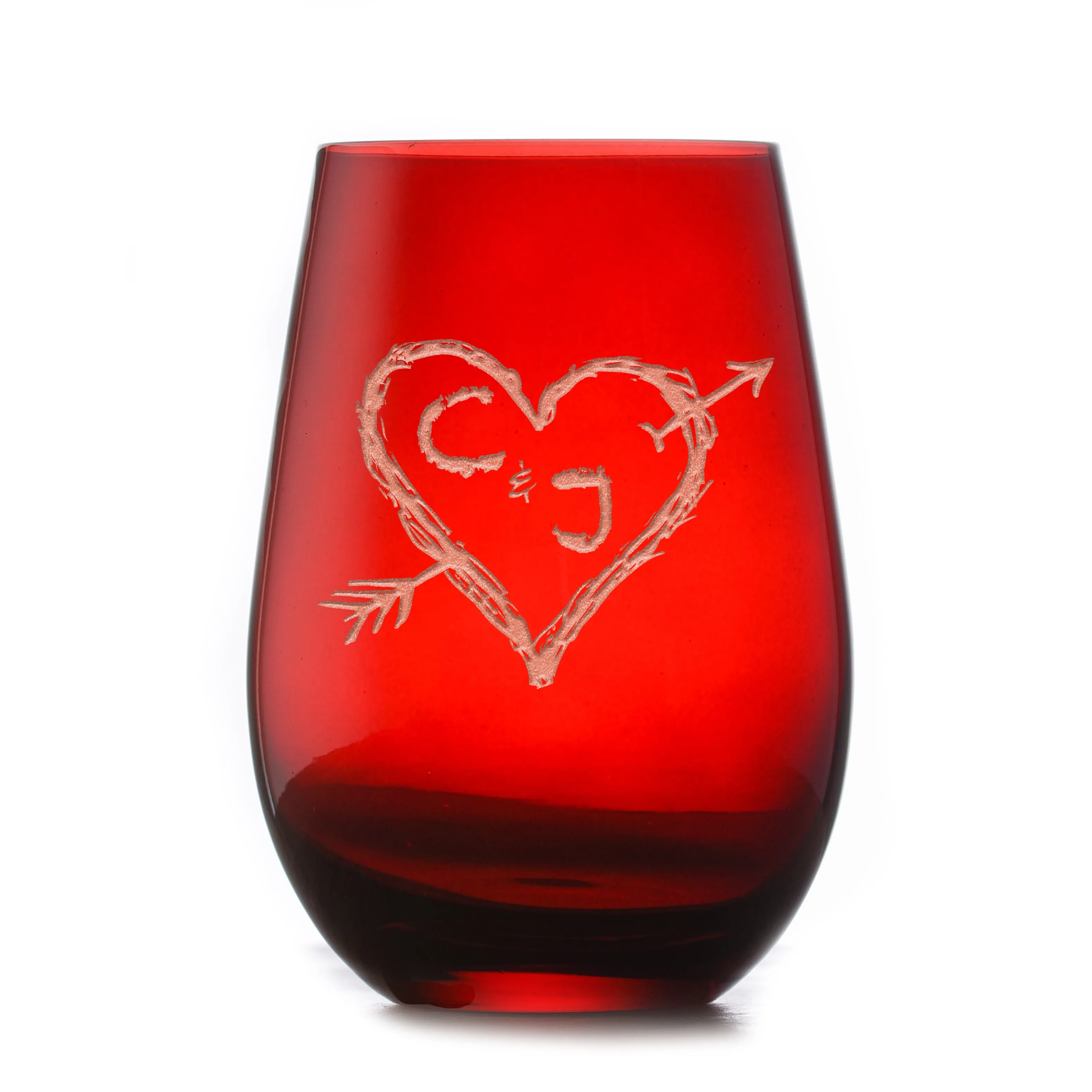 Heart and Arrow Lovers Etched Red Stemless Wine Glass | Crystal Imagery