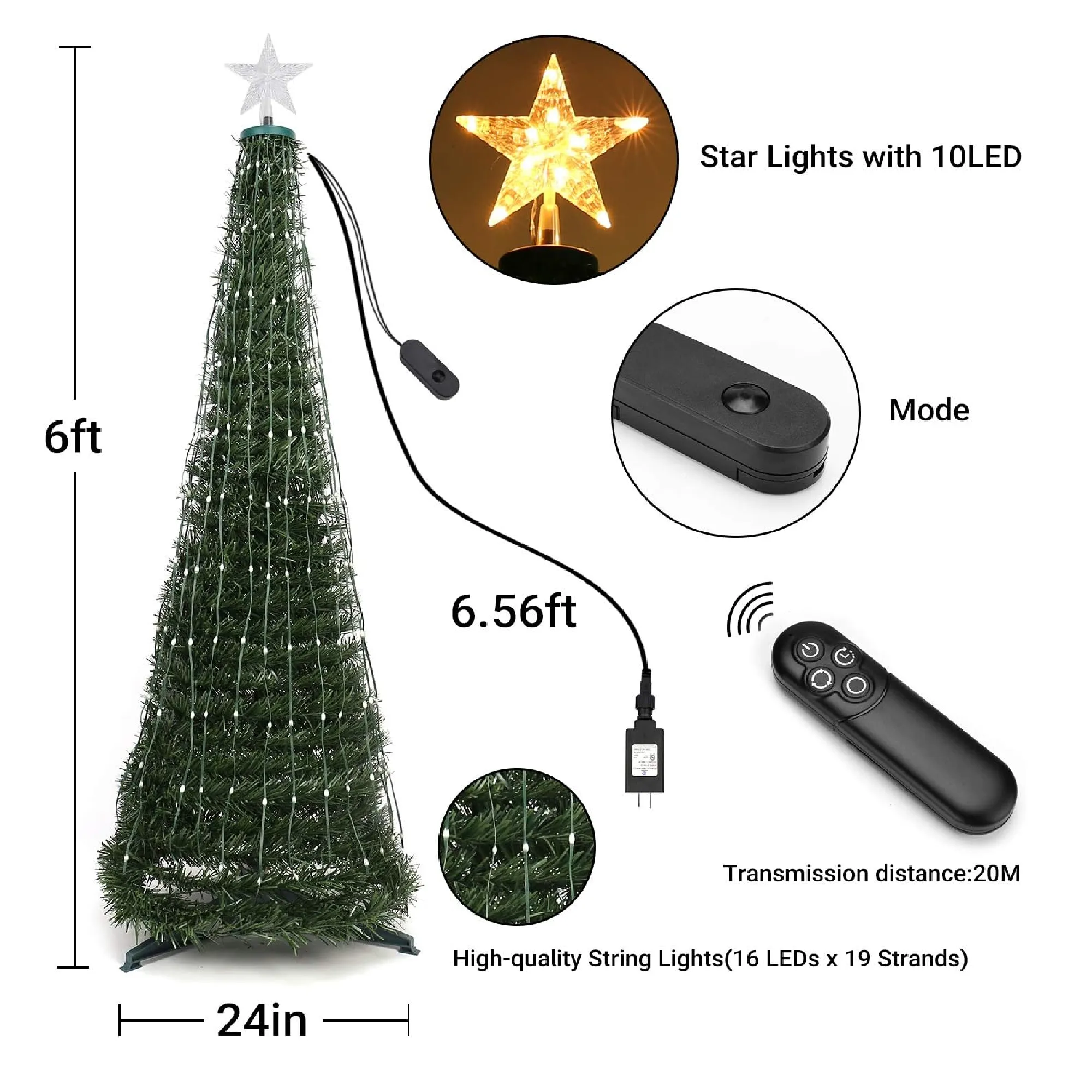 Joomer Christmas Tree with Lights, 6ft Artificial Collapsible Christmas Tree with Star Tree Topper and 314 LED Color Changing Lights, 18 Lighting