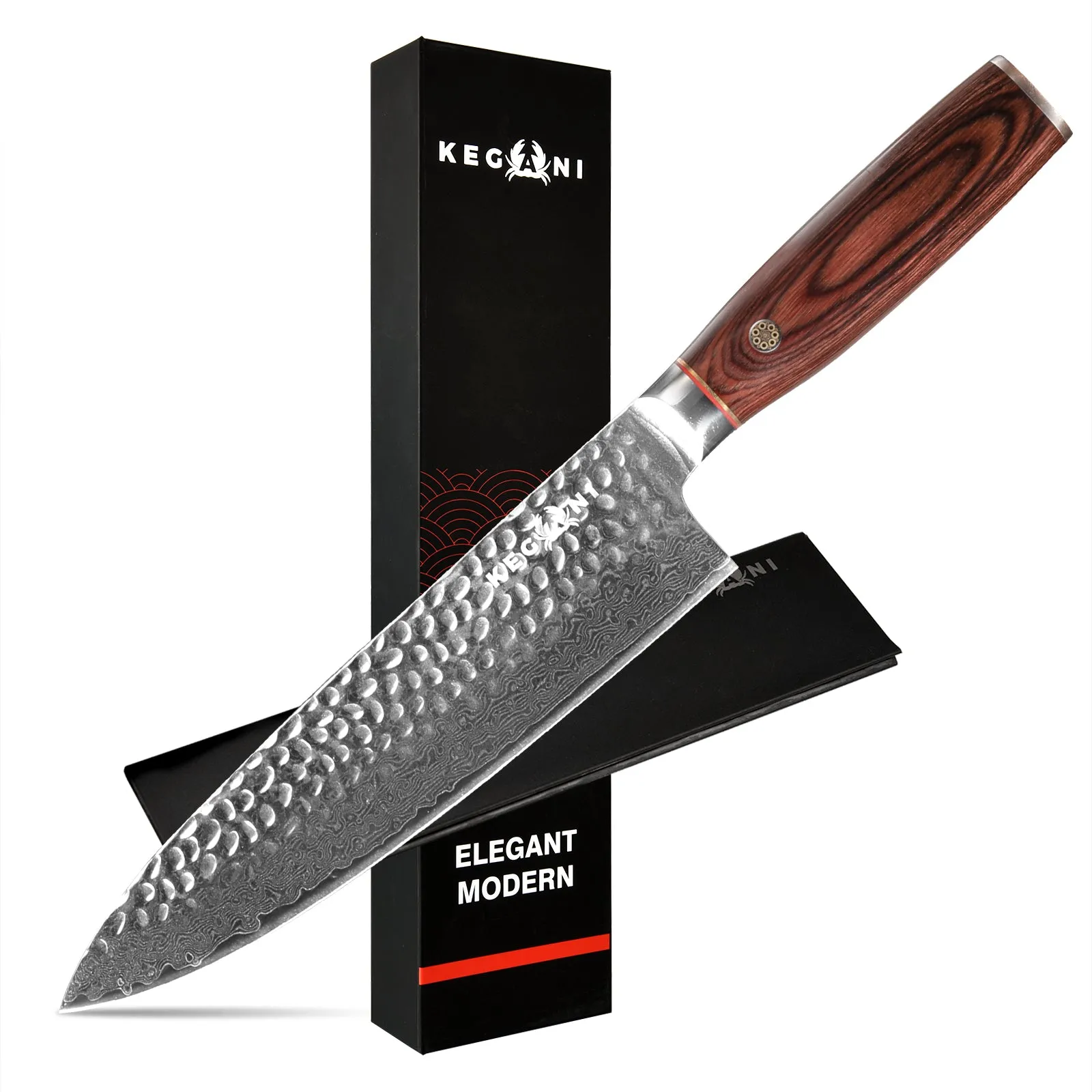 Kegani Brands 8 Inch Damascus Chef Knife 67 Layers 10Cr15CoMoV Japanese Knife Hammered Texture Damascus Knife - FullTang Wood Handle Chefs Knife With Gift Box&Sheath