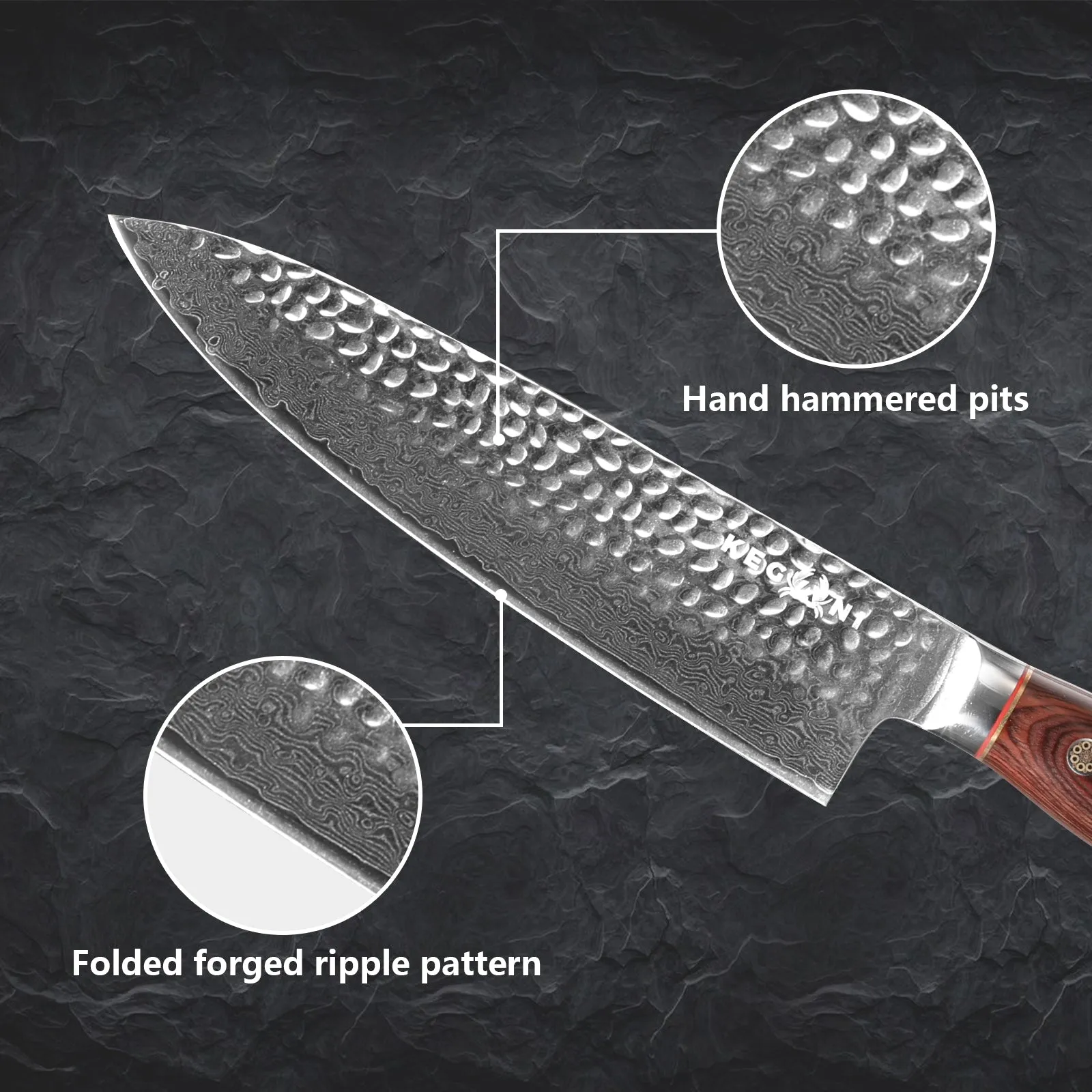 Kegani Brands 8 Inch Damascus Chef Knife 67 Layers 10Cr15CoMoV Japanese Knife Hammered Texture Damascus Knife - FullTang Wood Handle Chefs Knife With Gift Box&Sheath