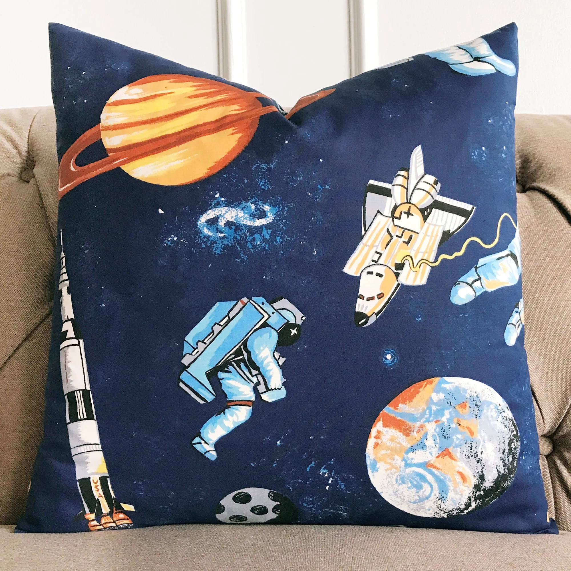 Kids Blue Space Astronaut Print Decorative Pillow Cover 20x20