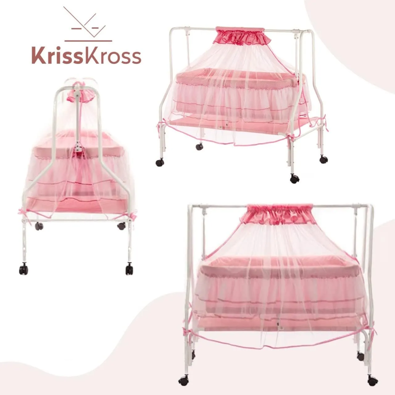 Krisskross Amara | New Born Baby Cradle With Improved Mattress Design And Thick Mosquito Net Protection | Palna For Comfortable Baby Sleep | 0-8 Months | Pink - Metal