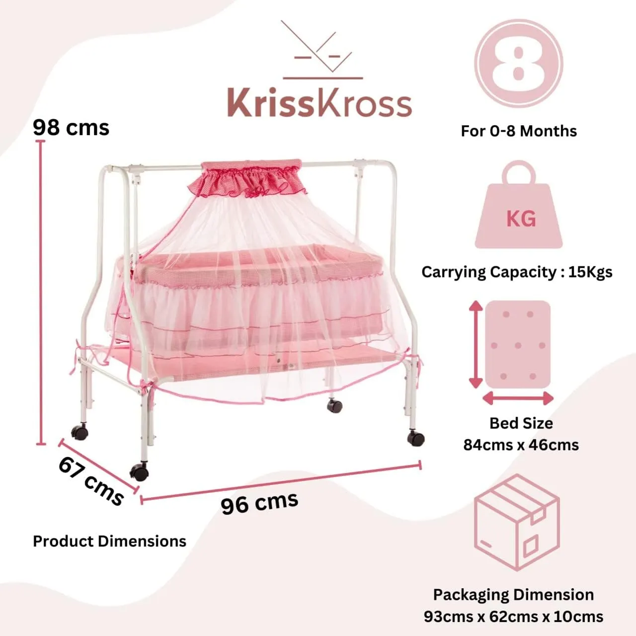 Krisskross Amara | New Born Baby Cradle With Improved Mattress Design And Thick Mosquito Net Protection | Palna For Comfortable Baby Sleep | 0-8 Months | Pink - Metal