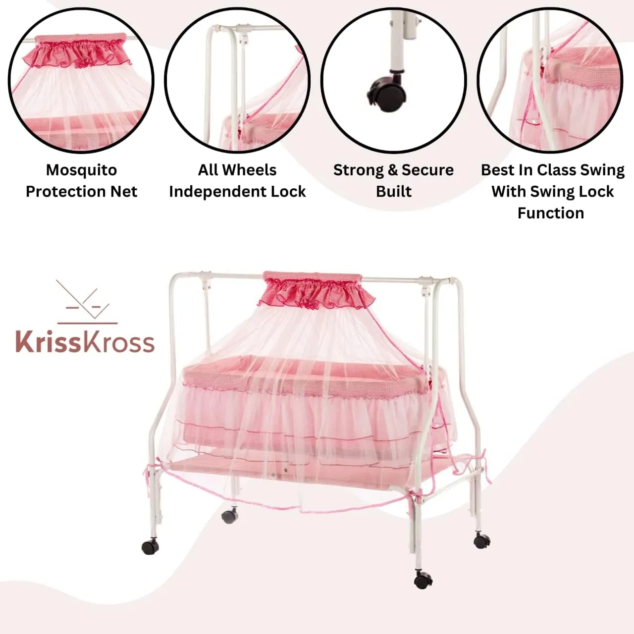 Krisskross Amara | New Born Baby Cradle With Improved Mattress Design And Thick Mosquito Net Protection | Palna For Comfortable Baby Sleep | 0-8 Months | Pink - Metal