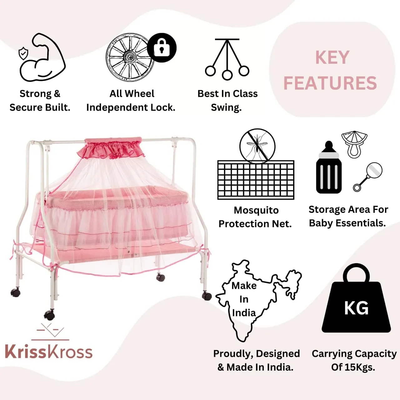 Krisskross Amara | New Born Baby Cradle With Improved Mattress Design And Thick Mosquito Net Protection | Palna For Comfortable Baby Sleep | 0-8 Months | Pink - Metal