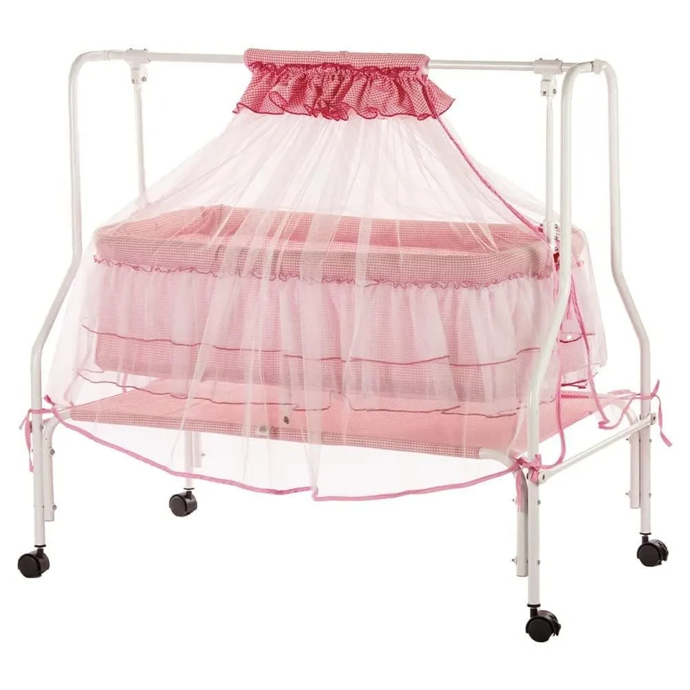 Krisskross Amara | New Born Baby Cradle With Improved Mattress Design And Thick Mosquito Net Protection | Palna For Comfortable Baby Sleep | 0-8 Months | Pink - Metal